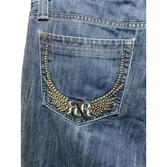 Rock and Republic Taylor Button Fly Jeans 38x28 Bootcut Blue Embroidered Wings - Picture 5 of 12